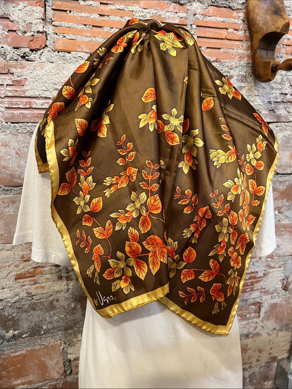 Vintage Vera Neumann Square Scarf in Brown with Orange & Gold Leaves 26” Square